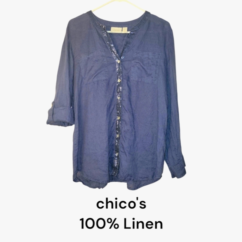 chico's 100% Linen Roll-Tab Button Down Shirt, Blouse, 1/M, Blue, EUC, Like New